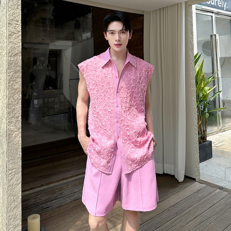 IEFB Summer Men Two-piece Korean Style New Chic Set Pink Beaded Three-dimension