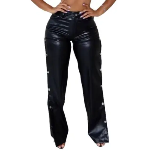 FAGADOER Leather Straight Pants For Women Y2k Streetwear Black Hollow Out Button