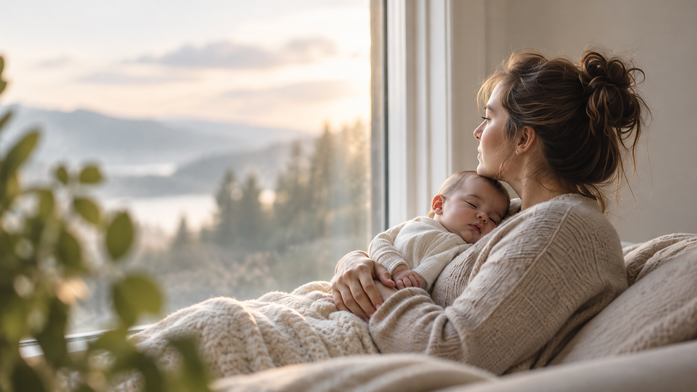 Woman with postpartum depression holding her baby by a window.