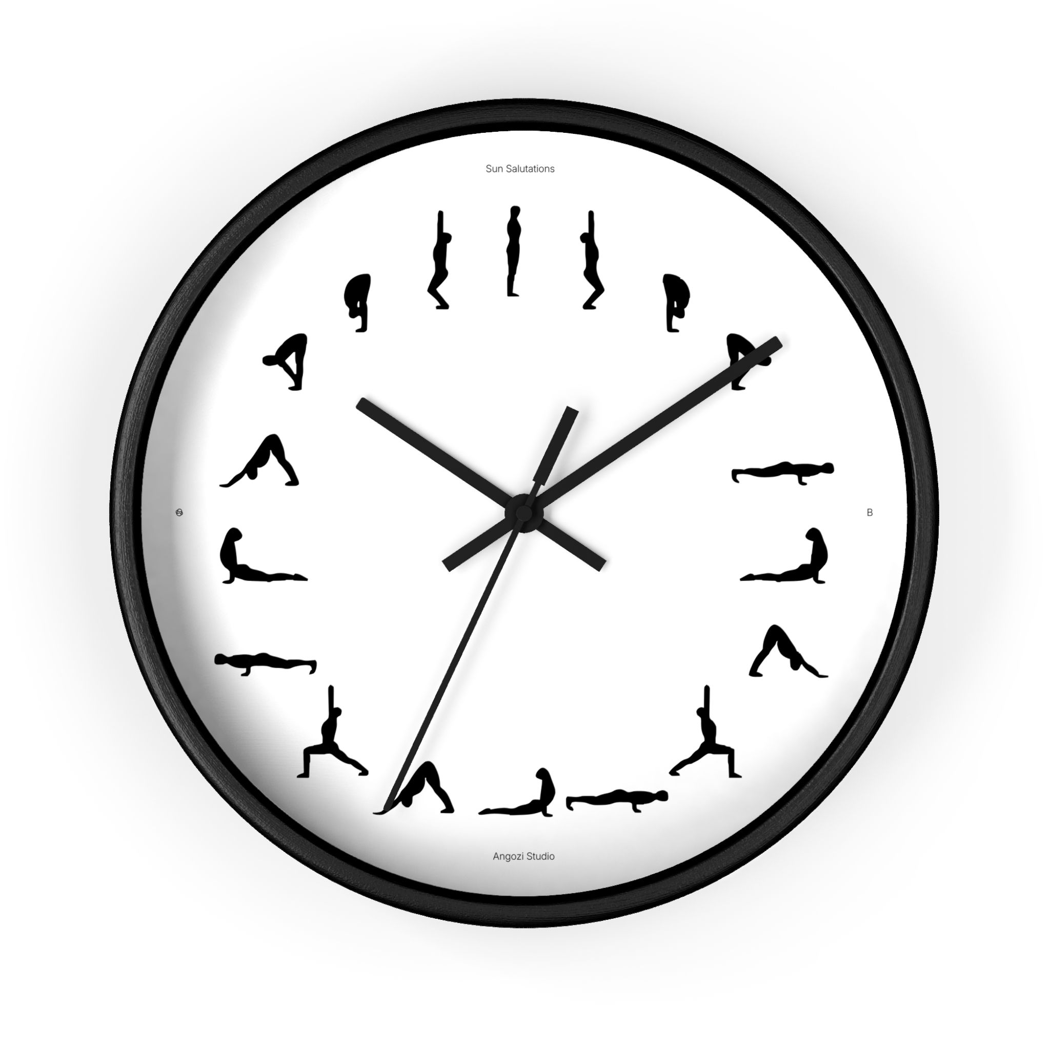 Sun Salutations B  — Minimal Wall Clock with 11 Silhouette Yoga Asanas
