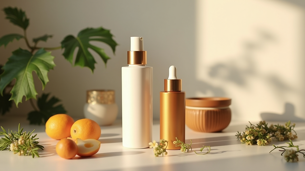 Eye-level view of organic beauty products with natural ingredients