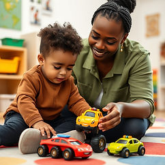 black teacher and hispanic toddler playing with toy cars on the floor together. teacher ha