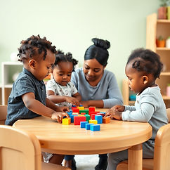 2-3 black toddlers sitting around daycare table with teacher.jpg