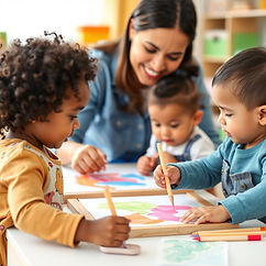 show a set of black and hispanic toddlers and teacher in a daycare setting doing a paintin