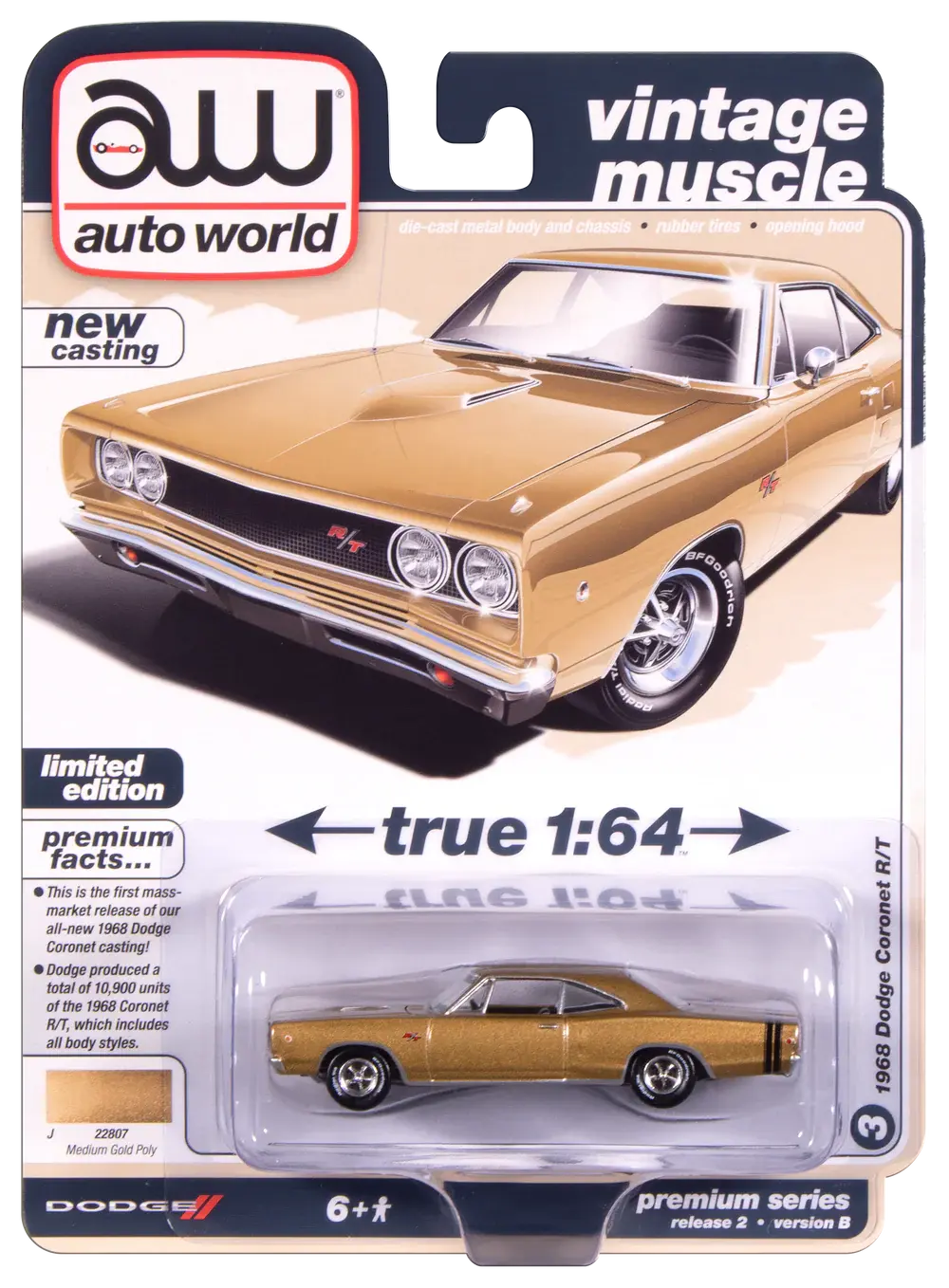 Auto World 1968 Dodge Coronet R/T Hardtop (Medium Gold Poly) 1:64 Diecast