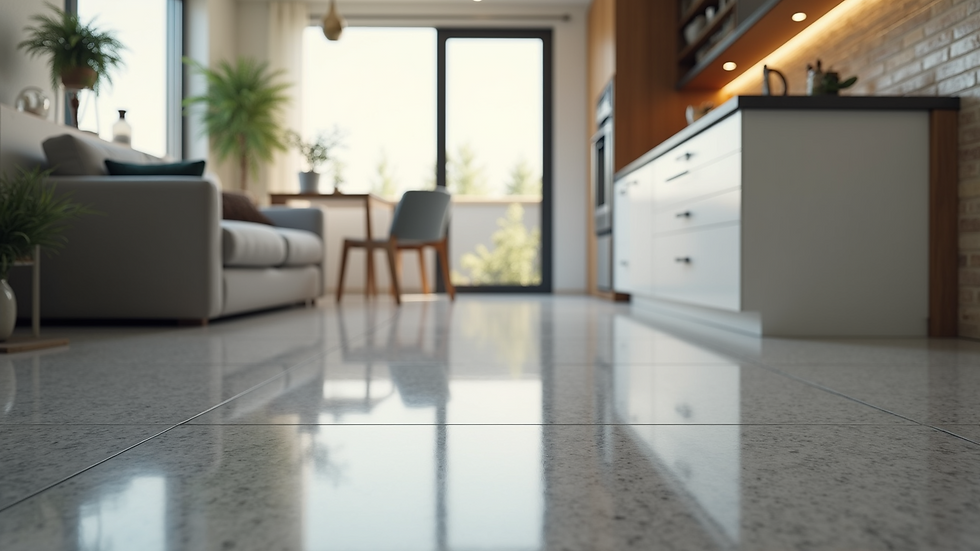 Eye-level view of a modern kitchen with glossy epoxy flooring