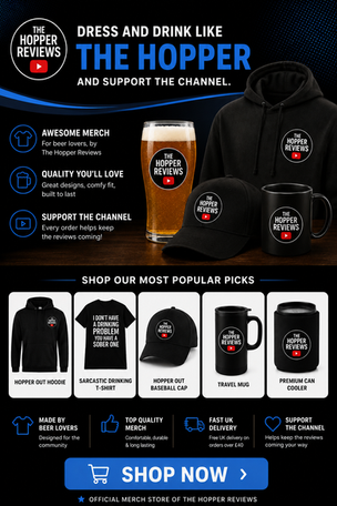 Official Hopper Reviews merchandise featuring beer-themed clothing, hats and drinkware.