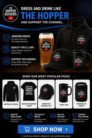 Official Hopper Reviews merchandise featuring beer-themed clothing, hats and drinkware.