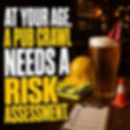 Pub birthday card with a pint, hard hat and risk assessment checklist reading At your age, a pub crawl needs a risk assessment.