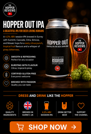 Hopper Out IPA Session IPA beer can beside a pint glass with The Hopper Reviews branding.