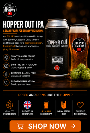 Hopper Out IPA Session IPA beer can beside a pint glass with The Hopper Reviews branding.