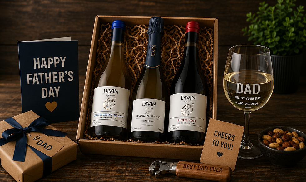 Father's Day alcohol free wine gift box with three bottles of alcohol free wine, personalised glass and gift accessories.