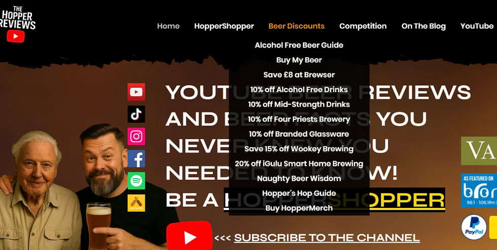 Screenshot of The Hopper Reviews website showing the Beer Discounts menu with savings on beer, alcohol free drinks and brewing equipment.