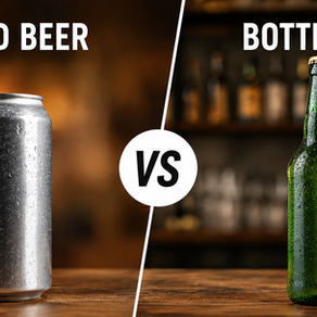 Canned vs bottled beer comparison with aluminium can and green glass bottle in a pub setting