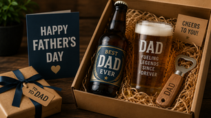 Father's Day beer gift set with craft beer, personalised pint glass, bottle opener and greeting card, ideal gift ideas for beer-loving dads in the UK.