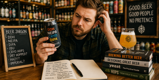A craft beer enthusiast studies a modern craft beer can covered in brewing terms such as DDH, NEIPA, Cryo Hops and DIPA while sitting in a bottle shop. A notebook, beer reference books and a hazy IPA sit on the table, with shelves of craft beer blurred in the background, illustrating the challenge of understanding beer jargon.