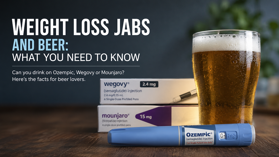 Weight-loss injection pens and medication boxes beside a pint of beer, with the headline “Weight Loss Jabs and Beer: What You Need to Know” centred on the image.
