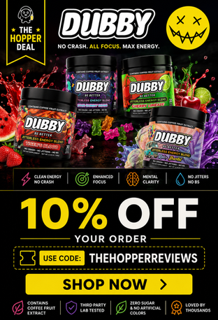 Dubby energy drink tubs and flavours with Hopper Reviews discount promotion.