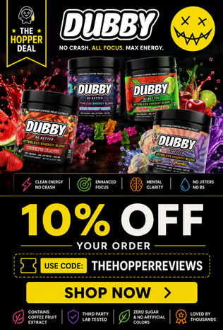 Dubby energy drink tubs and flavours with Hopper Reviews discount promotion.
