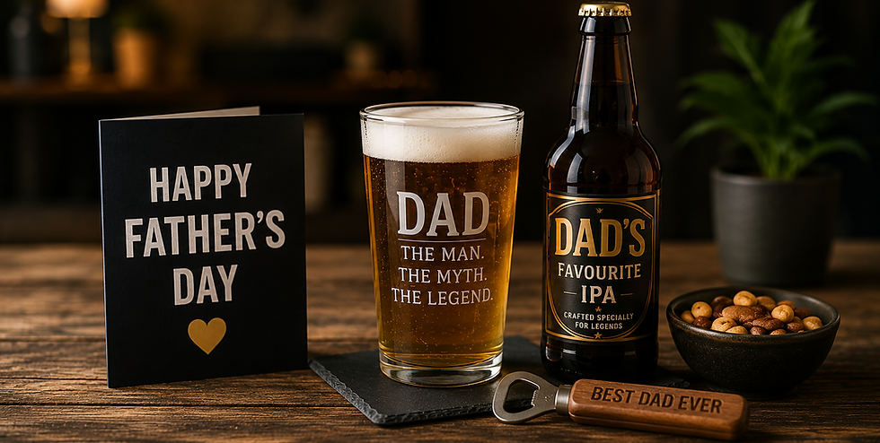 Father's Day beer display featuring a pint of beer, craft beer bottle and Father's Day card on a wooden table.