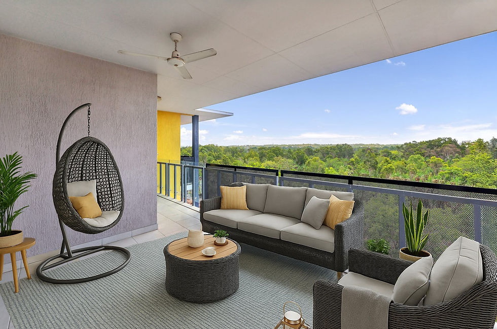 High angle view of a cozy outdoor patio with furniture