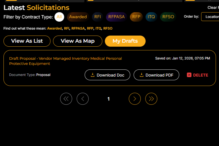 Page des brouillons montrant les détails de la RFP, la portée de la RFP et une liste des brouillons générés avec des options pour télécharger des fichiers Word ou PDF et supprimer des brouillons individuels.