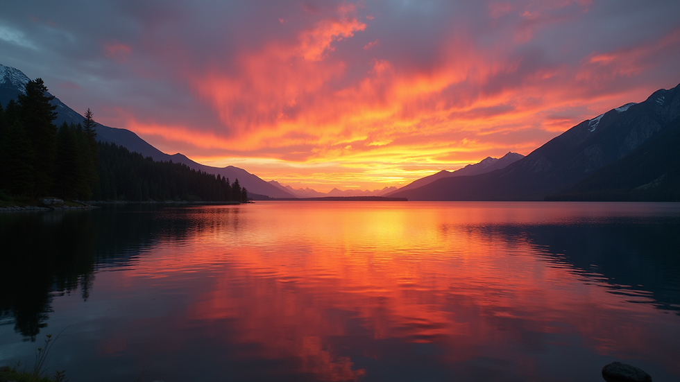 Eye-level view of a vibrant sunset over a peaceful lake