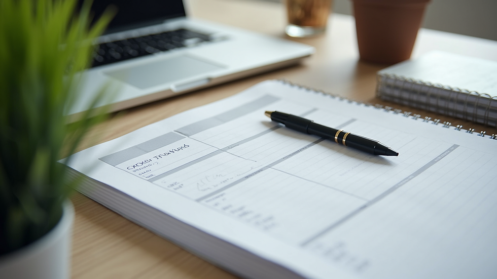 High angle view of an organized workspace with a planner and notes