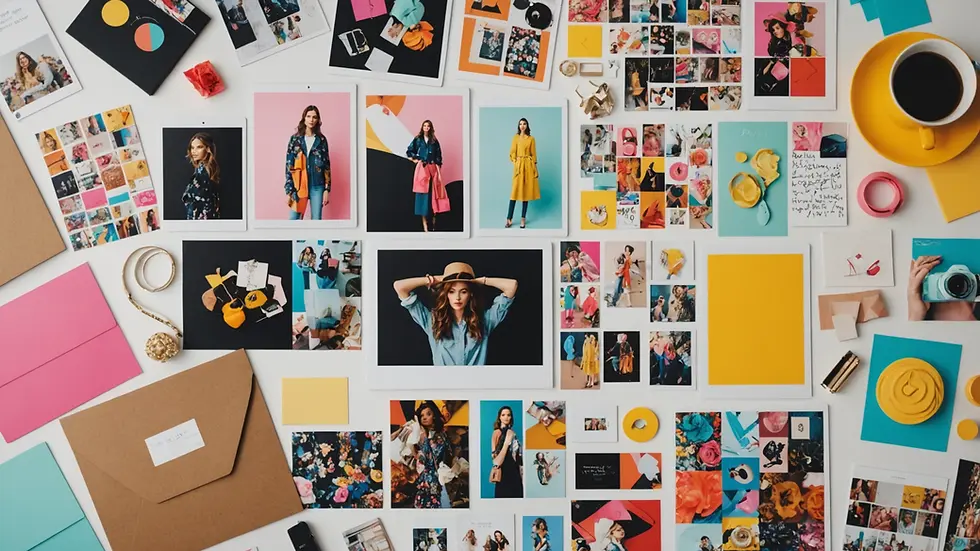 Eye level view of a mood board filled with colorful fashion images