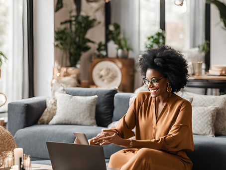 a black woman sitting her living room smiling
