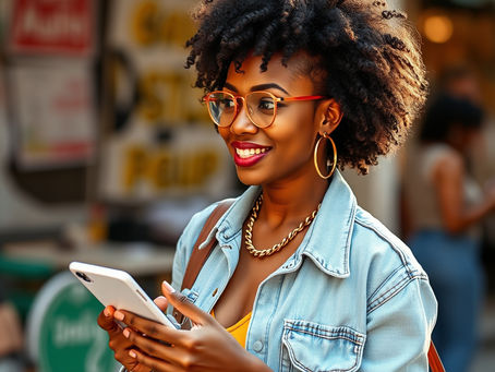 a black woman strolling down sidewalk on her phone