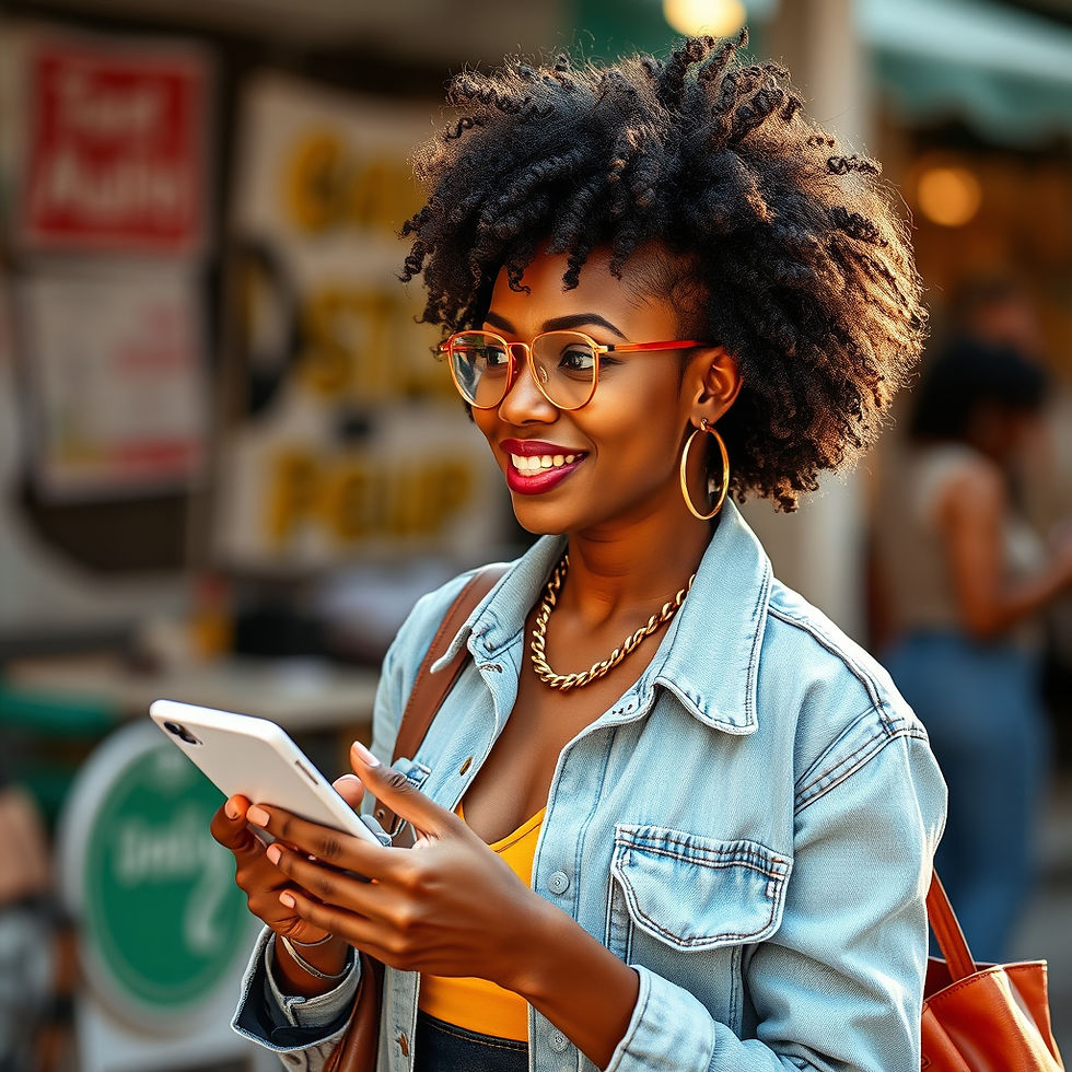 a black woman strolling down sidewalk on her phone