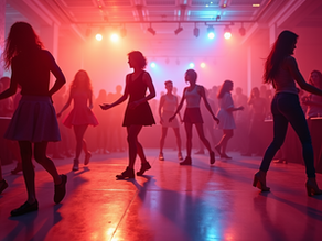 people dancing under a red light in a nightclub