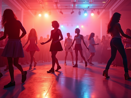 people dancing under a red light in a nightclub