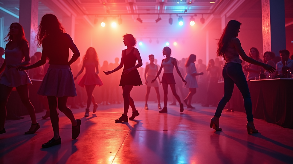 Eye-level view of a vibrant dance floor with dancers in motion