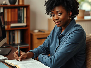 a woman sitting at her desk writing in her journal