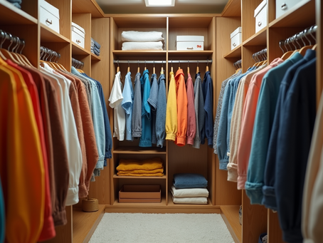 a walk-in closet with button-down shirts