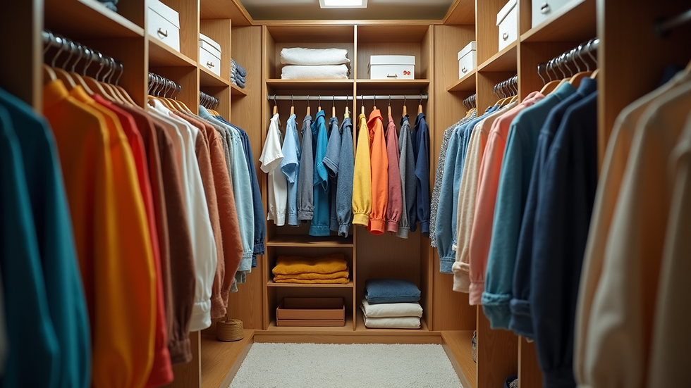 eye-level view of a neatly organized closet with colorful clothing