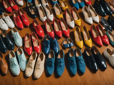 a closet full of shoes in various colors