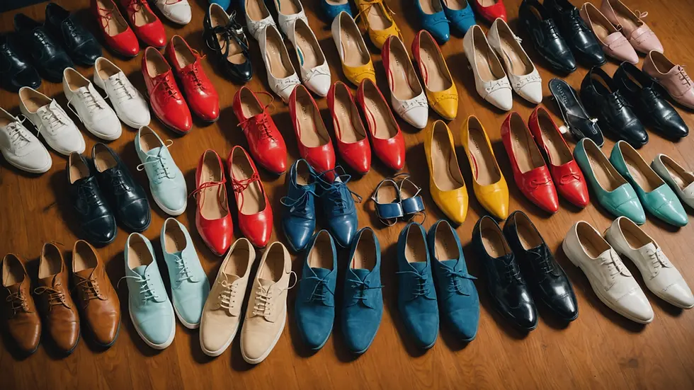 High angle view of a colorful array of shoes displayed in a stylish setting