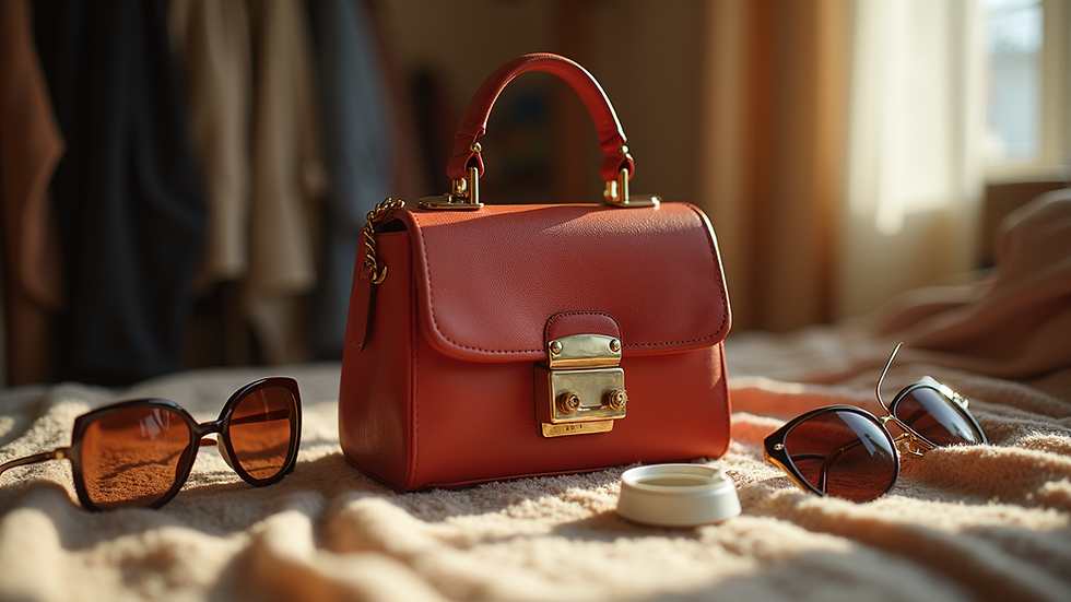 Eye-level view of a quirky handbag among fashion accessories