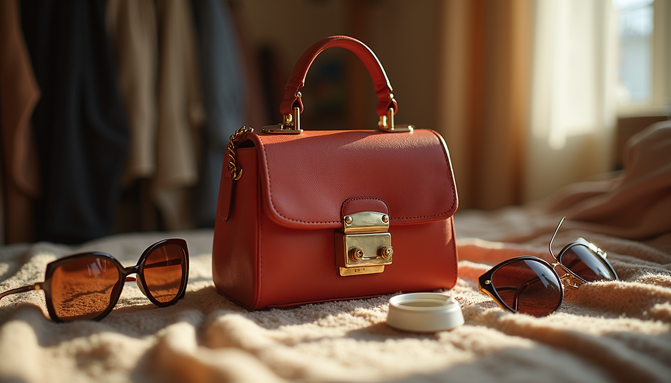 handbag, sunglasses on a bed