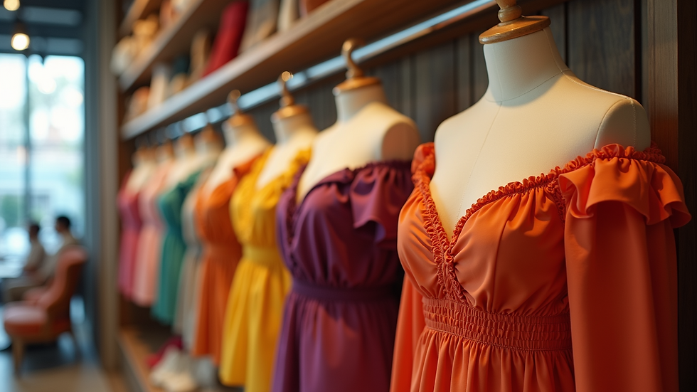 Wide angle view of a variety of colorful off-the-shoulder tops displayed in a shop