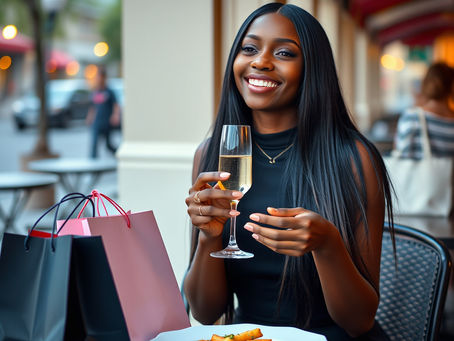 a woman having lunch with shopping bags