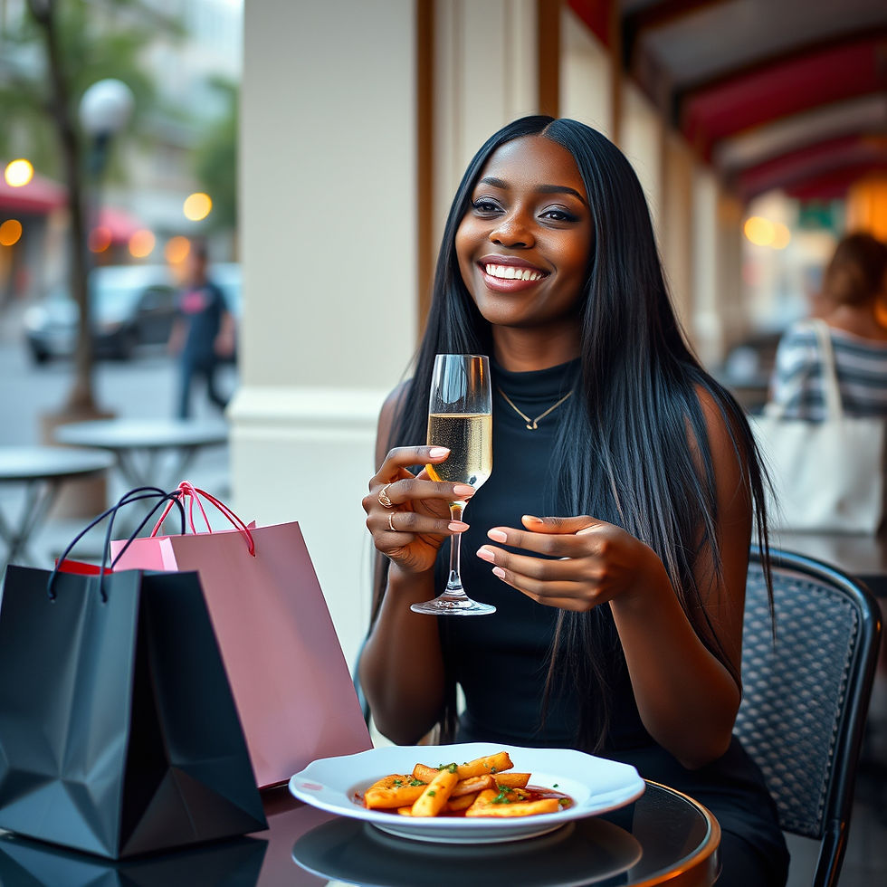 a woman having lunch with shopping bags