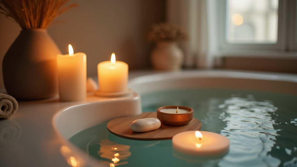 Close-up shot of tranquil bath setting with flickering candles and bath essentials
