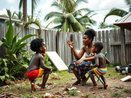 a woman in her backyard tired shouting at her kids