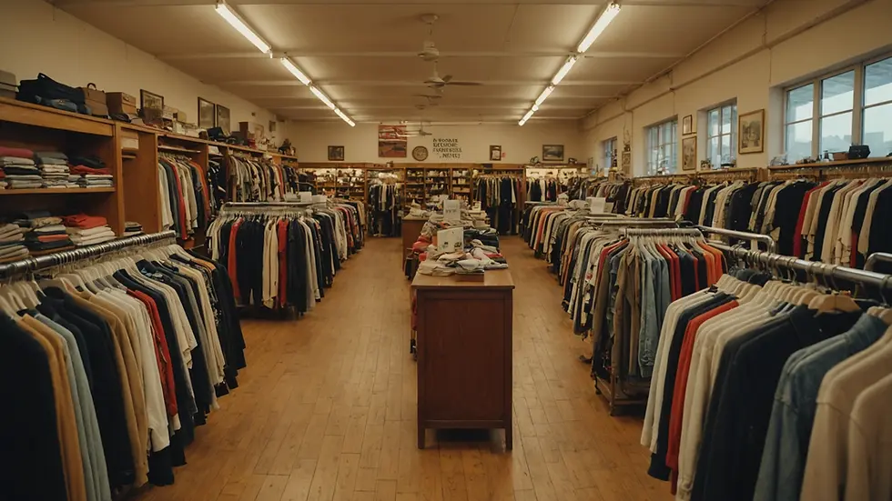 Wide angle view of a vintage thrift store with racks of clothing