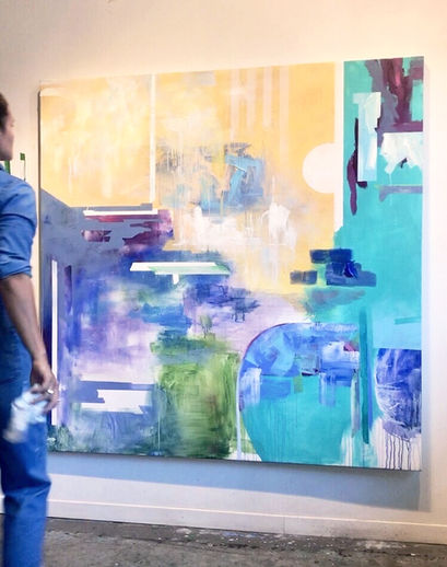 blueberry field in the making walls and windows confinement lockdown dreaming home indoors soft colours painting acrylic on canvas abstract art