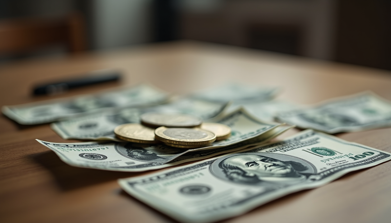 High angle view of cash bills and coins on a wooden table